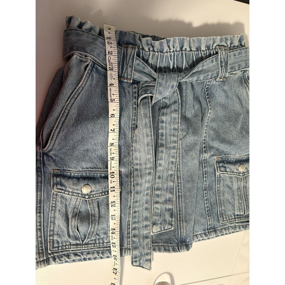 Denim Paperbag Waist Mini Skirt | Belted Jean Skirt with Cargo Pockets - Picture 5 of 6